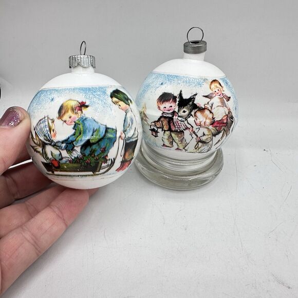 X2 Vintage Kitschy Shiny Brite Wrapped Plastic Christmas Ornaments Sled & Angels - Picture 2 of 11